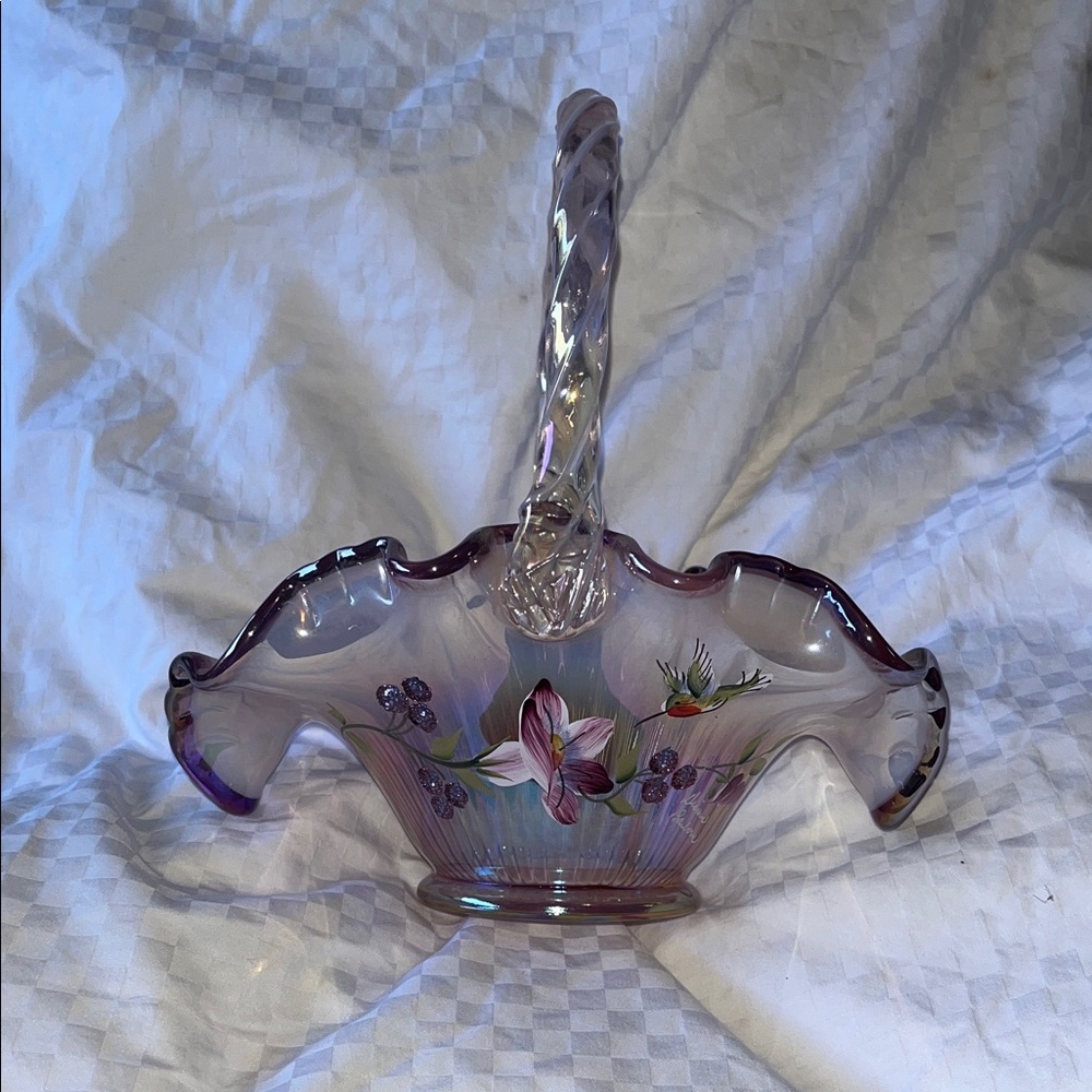 Fenton Purple Glass Basket with Floral Accents
